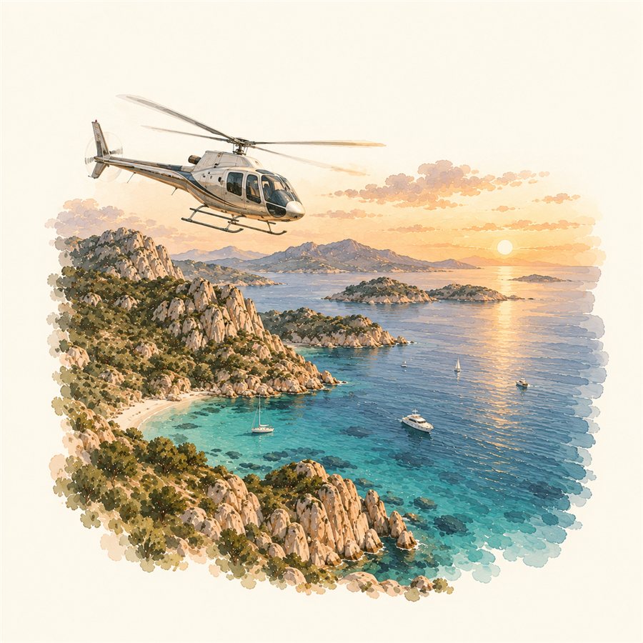 Voo de helicóptero sobrevoando Sardenha e Maiorca